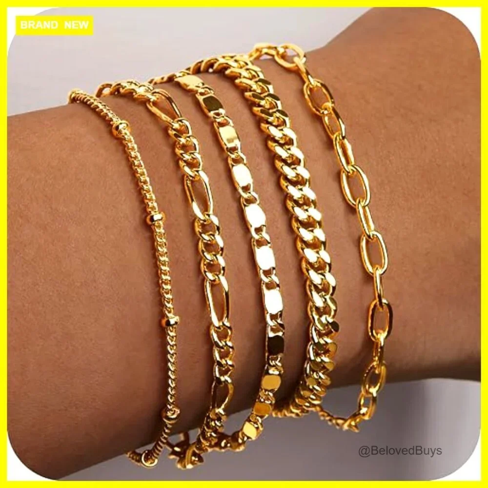 14K Gold Plated Dainty Stackable Link Bracelets Set Adjustable 7+2 Inches